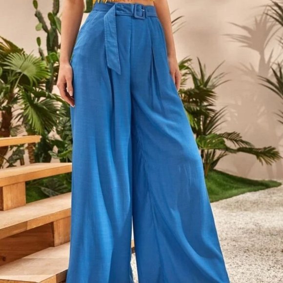 Blue wide legged belted pants SS 22 - Picture 3 of 6